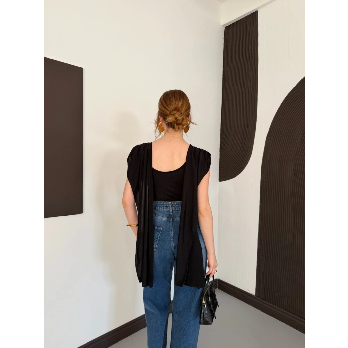 Pelerin Detaylı Body Suit Siyah