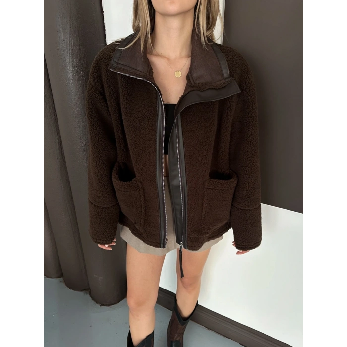Peluş Cep detaylı Fermuarlı Ceket Acı Kahve
