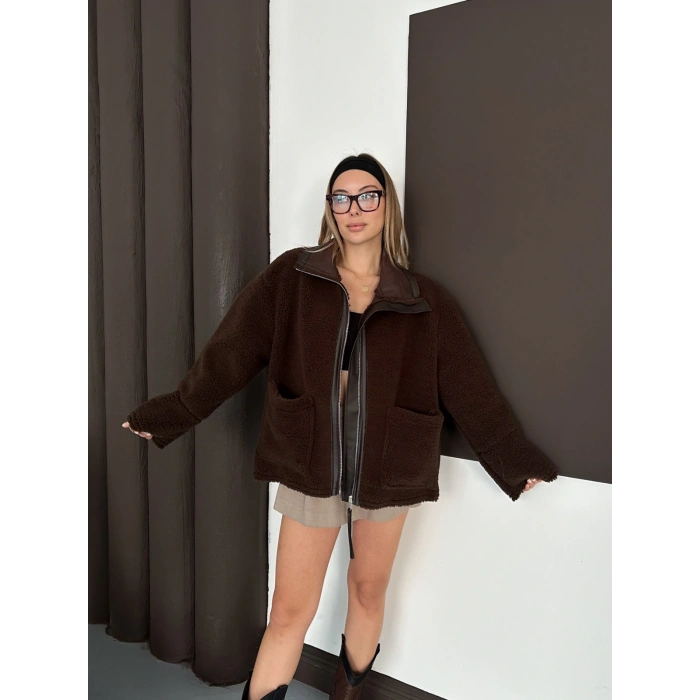 Peluş Cep detaylı Fermuarlı Ceket Acı Kahve