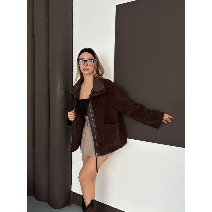 Peluş Cep detaylı Fermuarlı Ceket Acı Kahve