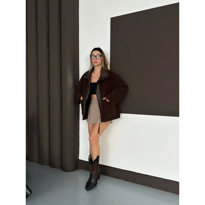 Peluş Cep detaylı Fermuarlı Ceket Acı Kahve