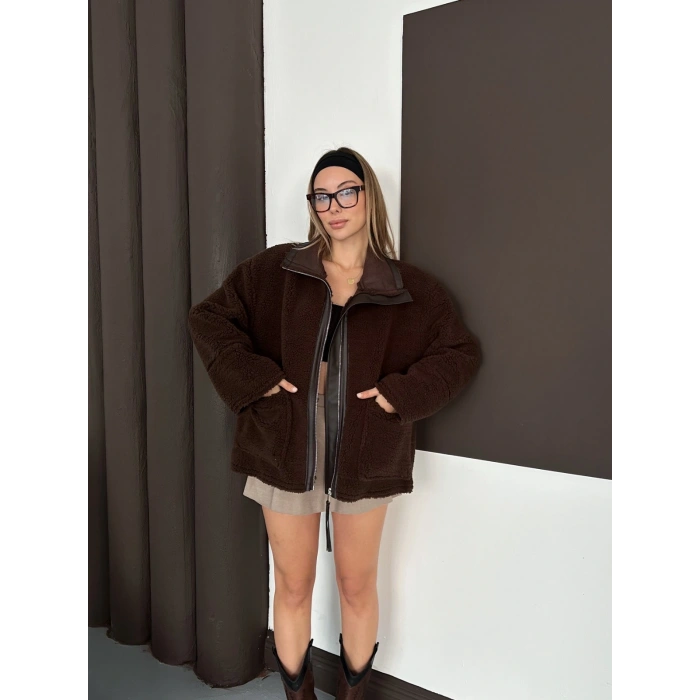 Peluş Cep detaylı Fermuarlı Ceket Acı Kahve