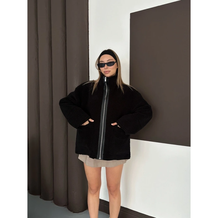Peluş Cep detaylı Fermuarlı Ceket Siyah