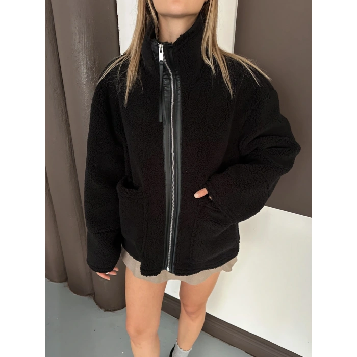 Peluş Cep detaylı Fermuarlı Ceket Siyah