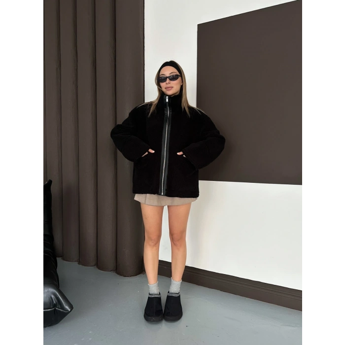 Peluş Cep detaylı Fermuarlı Ceket Siyah