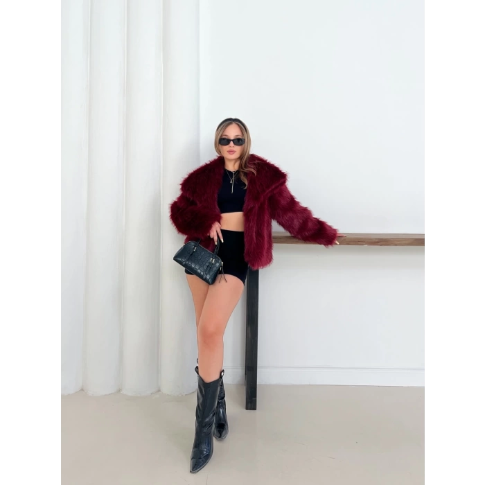 Peluş Çıtçıtlı Kısa Kürk Bordo