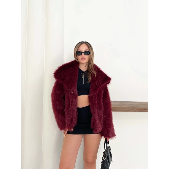Peluş Çıtçıtlı Kısa Kürk Bordo