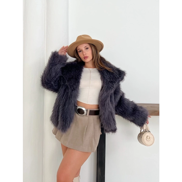 Peluş Çıtçıtlı Kısa Kürk Mor