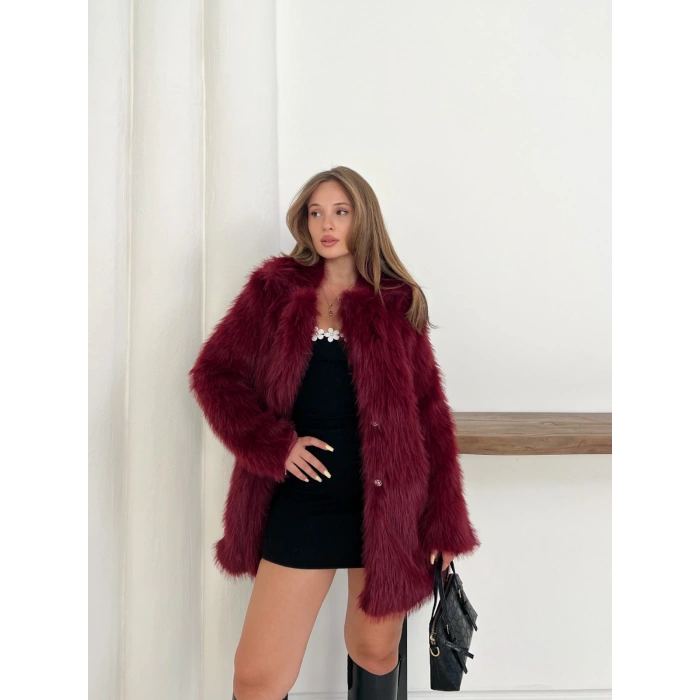 Peluş Çıtçıtlı Kürk Bordo