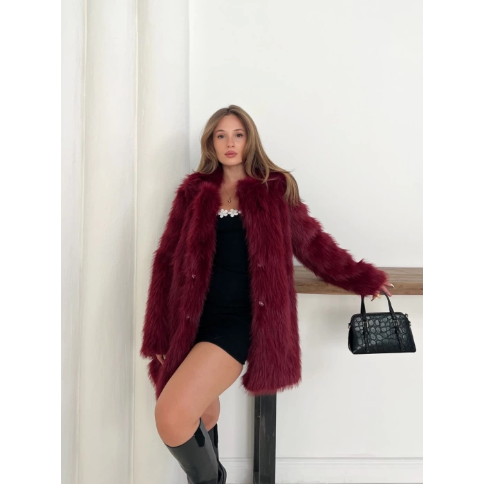 Peluş Çıtçıtlı Kürk Bordo
