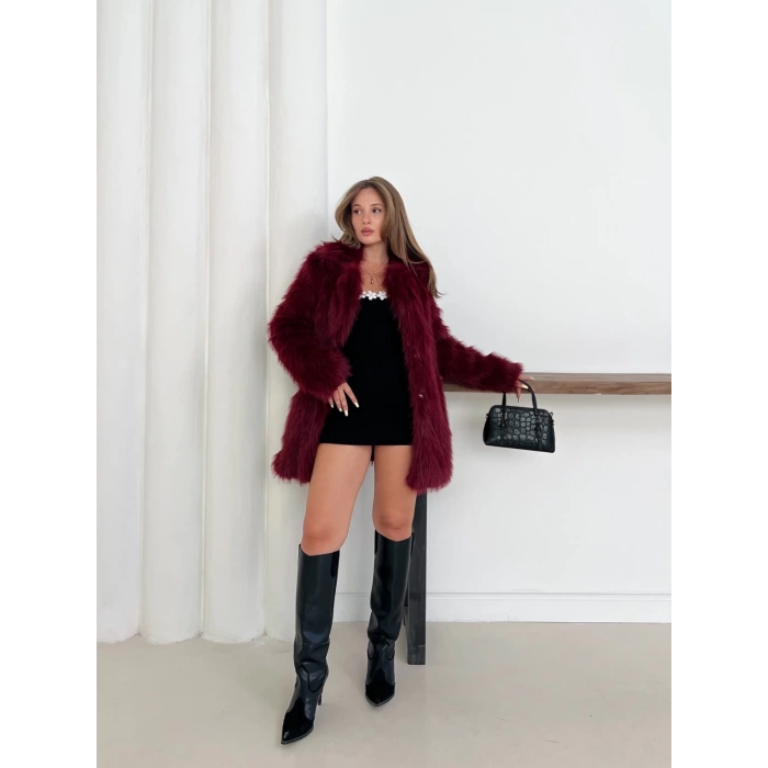 Peluş Çıtçıtlı Kürk Bordo