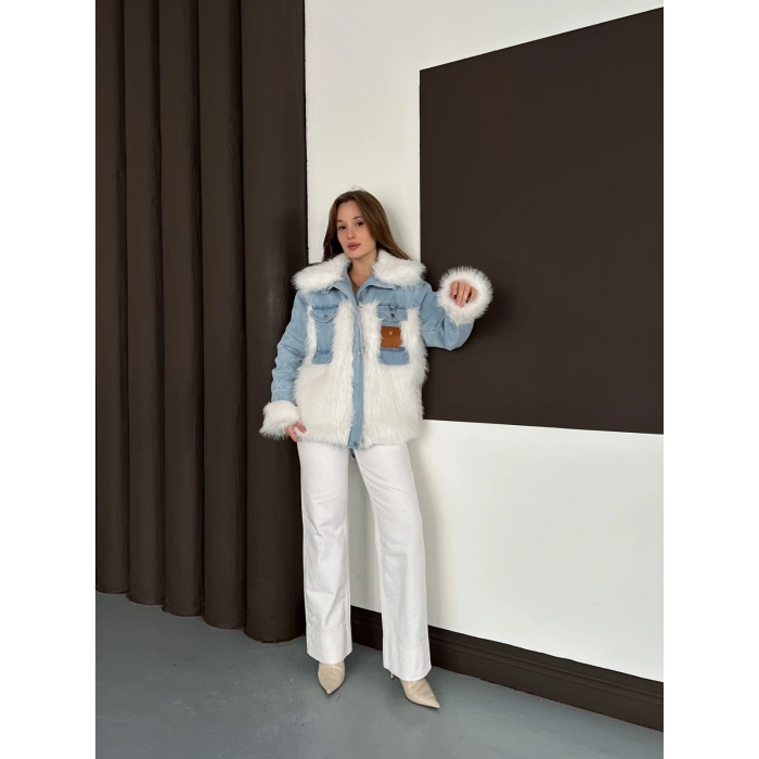 Peluş Detaylı Denim Ceket Beyaz