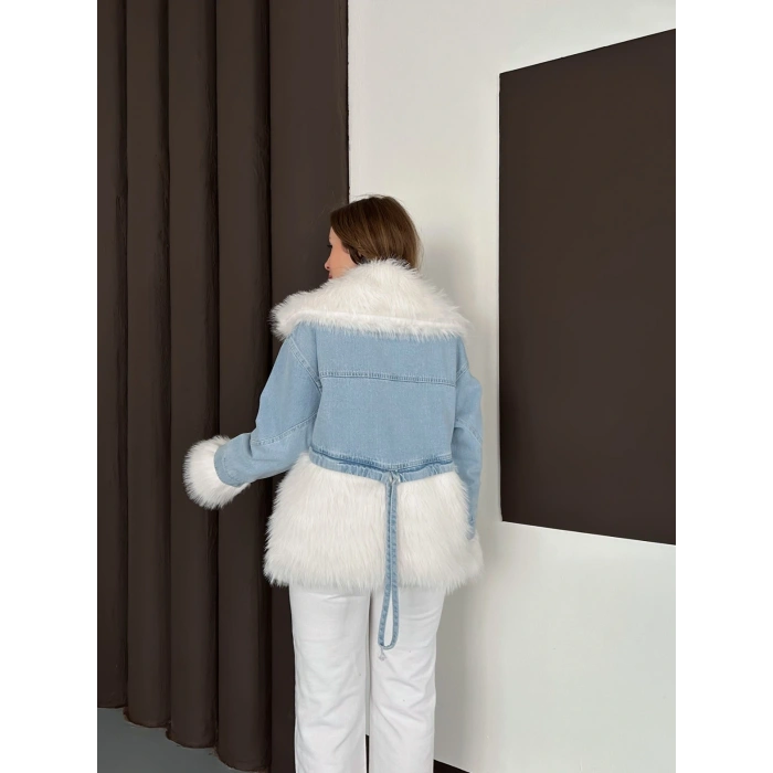 Peluş Detaylı Denim Ceket Beyaz