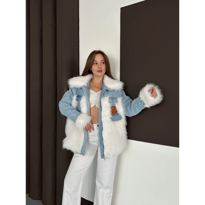 Peluş Detaylı Denim Ceket Beyaz