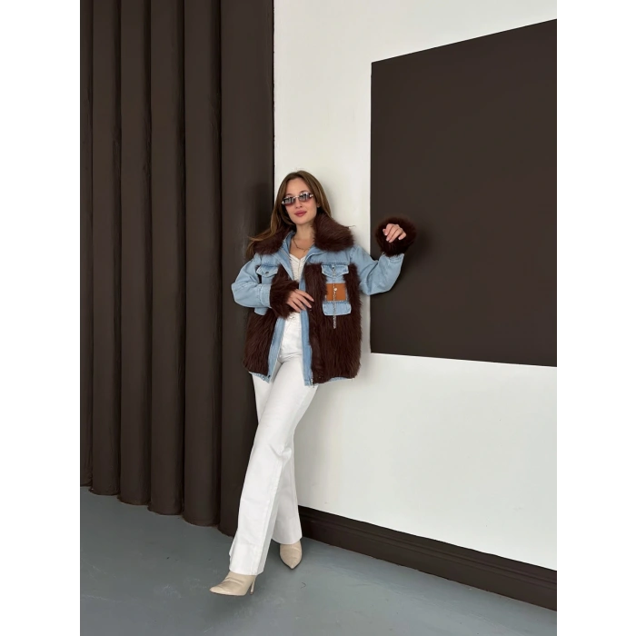 Peluş Detaylı Denim Ceket Kahve