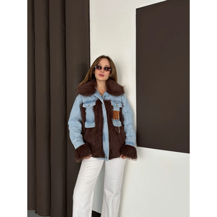 Peluş Detaylı Denim Ceket Kahve