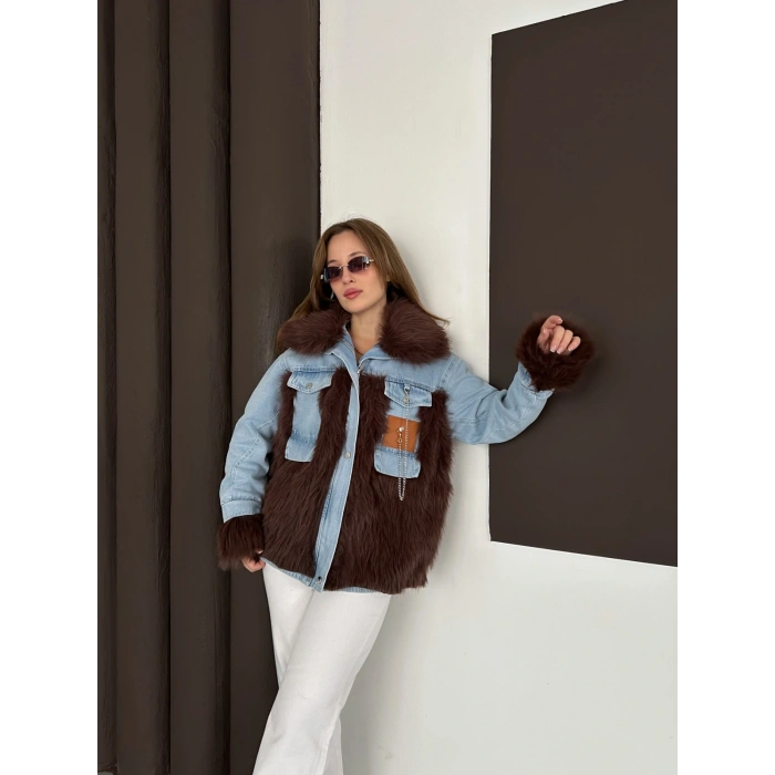 Peluş Detaylı Denim Ceket Kahve