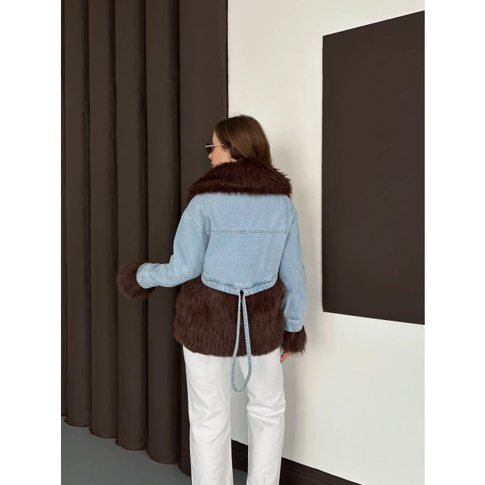 Peluş Detaylı Denim Ceket Kahve