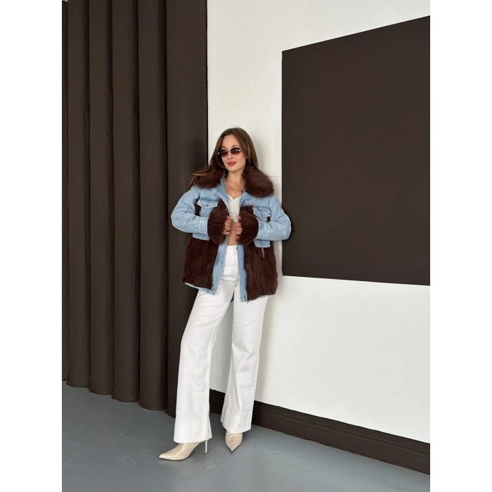 Peluş Detaylı Denim Ceket Kahve