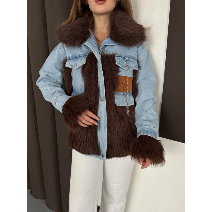 Peluş Detaylı Denim Ceket Kahve
