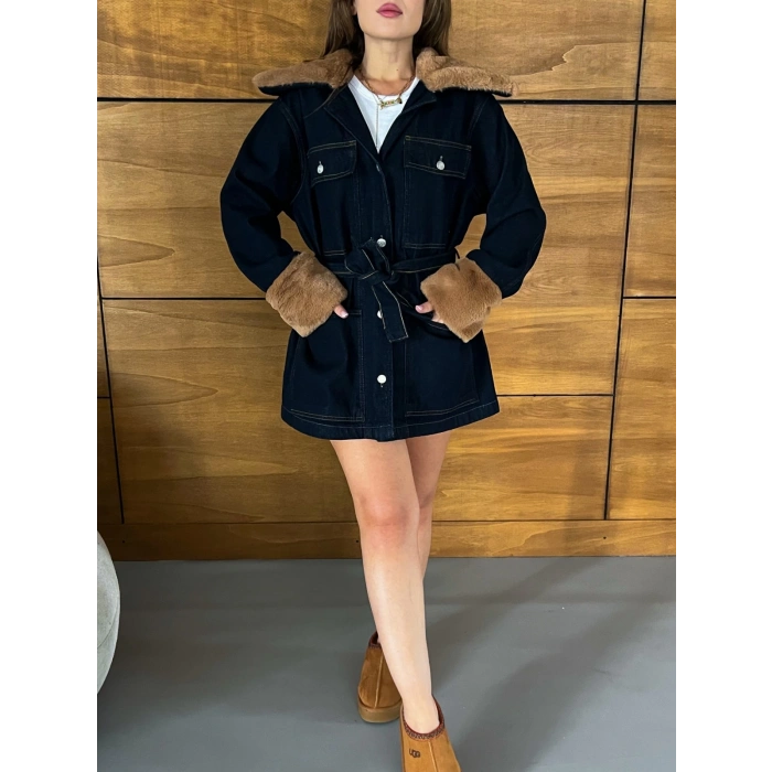 Peluş Detaylı Kot Elbise