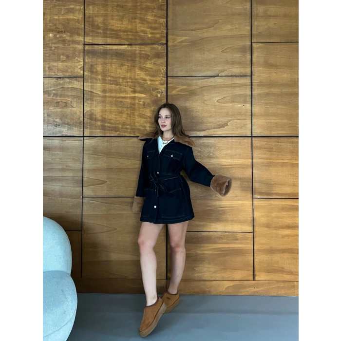 Peluş Detaylı Kot Elbise