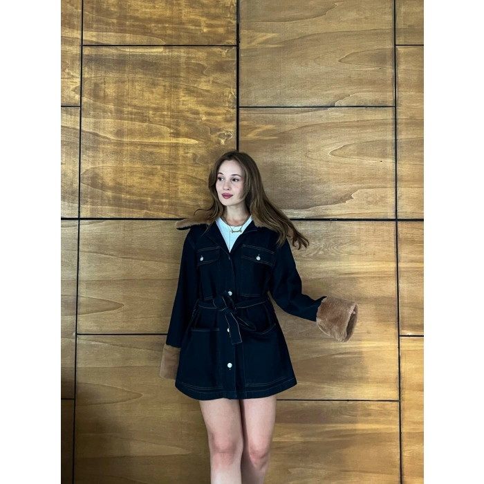 Peluş Detaylı Kot Elbise