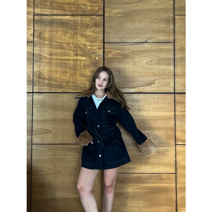 Peluş Detaylı Kot Elbise