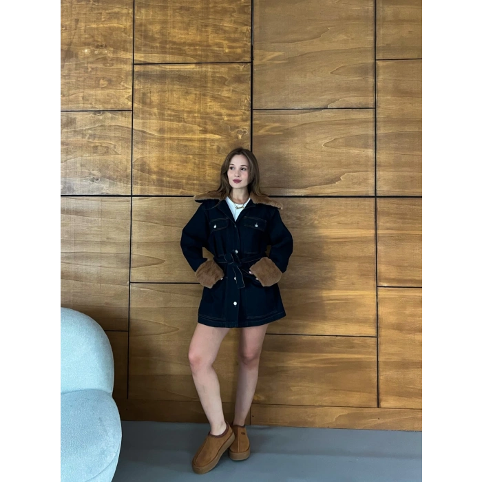 Peluş Detaylı Kot Elbise