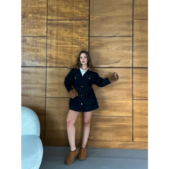 Peluş Detaylı Kot Elbise