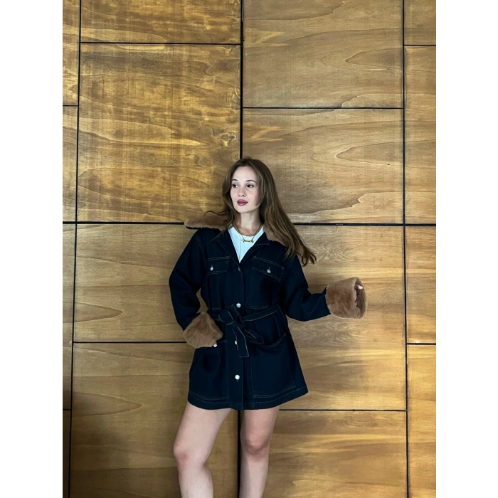 Peluş Detaylı Kot Elbise