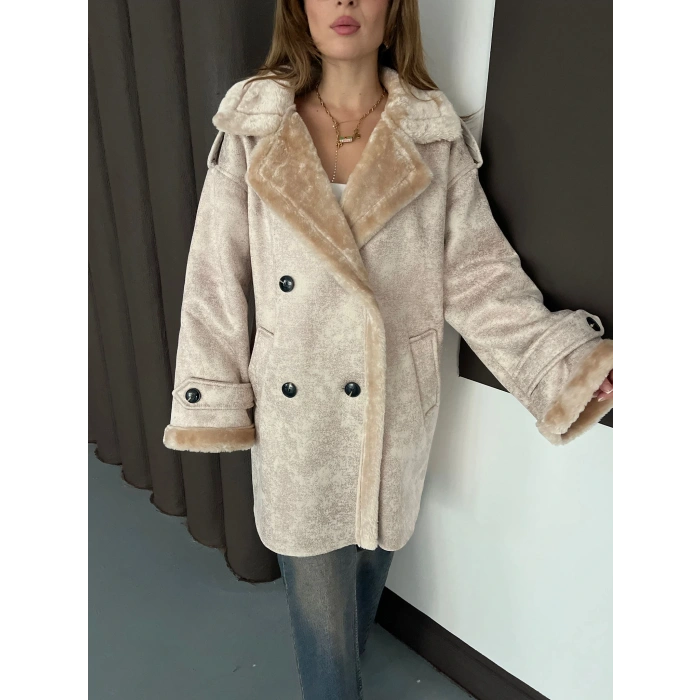 Peluş Detaylı Uzun Lamine Kaban Bej