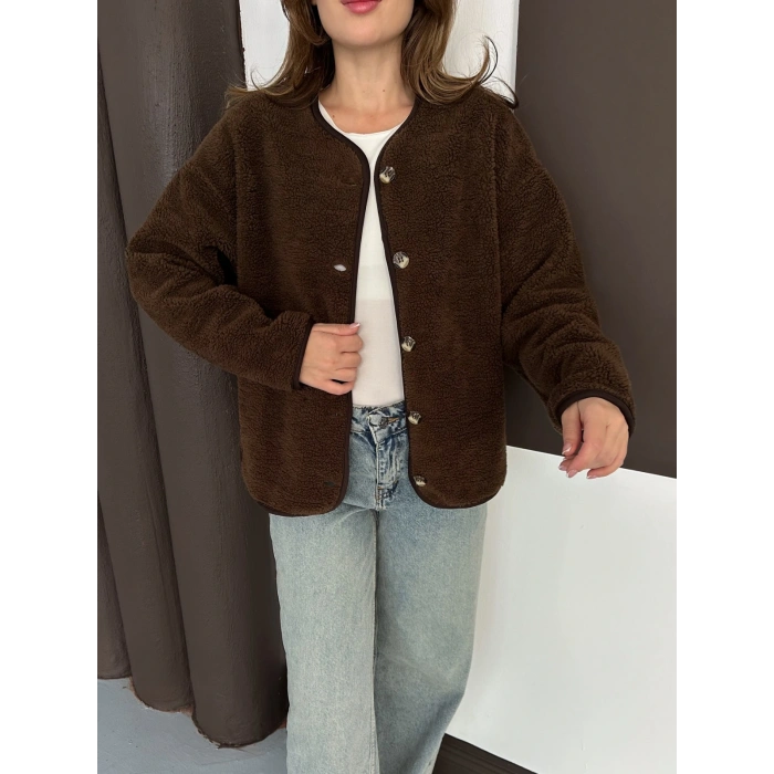 Peluş Düğme Detaylı İçi Astarlı Cepli Ceket Acı Kahve