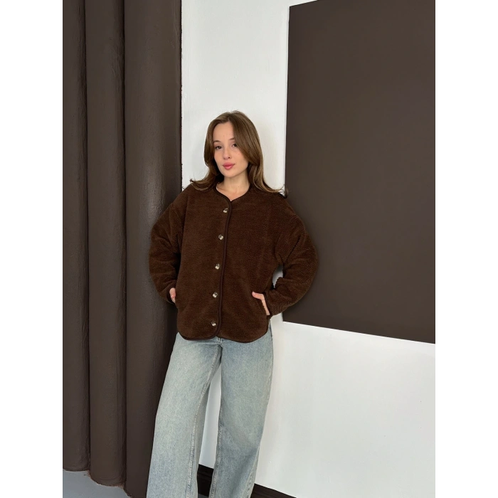 Peluş Düğme Detaylı İçi Astarlı Cepli Ceket Acı Kahve
