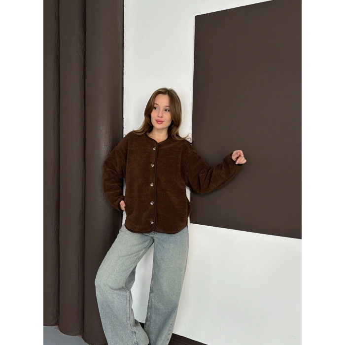 Peluş Düğme Detaylı İçi Astarlı Cepli Ceket Acı Kahve