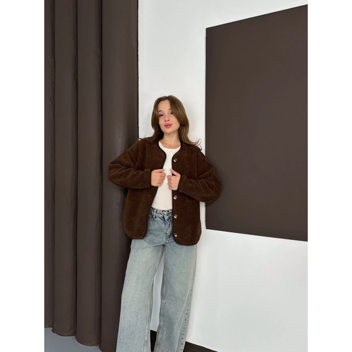 Peluş Düğme Detaylı İçi Astarlı Cepli Ceket Acı Kahve