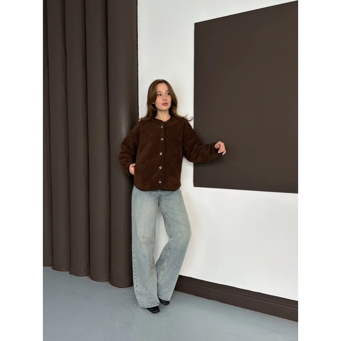 Peluş Düğme Detaylı İçi Astarlı Cepli Ceket Acı Kahve