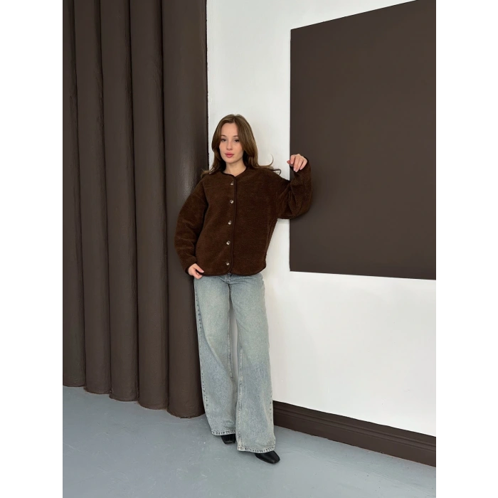 Peluş Düğme Detaylı İçi Astarlı Cepli Ceket Acı Kahve