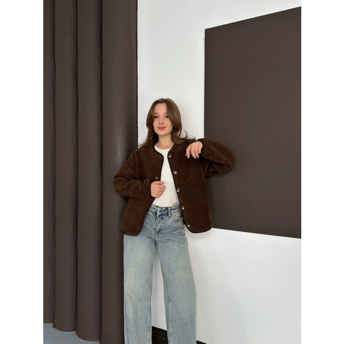 Peluş Düğme Detaylı İçi Astarlı Cepli Ceket Acı Kahve