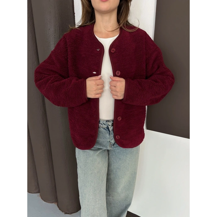 Peluş Düğme Detaylı İçi Astarlı Cepli Ceket Bordo