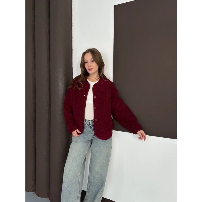 Peluş Düğme Detaylı İçi Astarlı Cepli Ceket Bordo