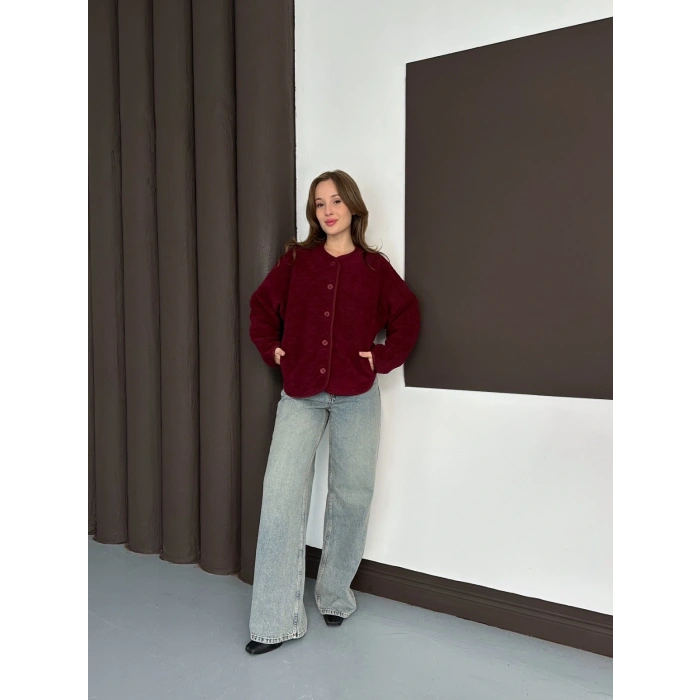 Peluş Düğme Detaylı İçi Astarlı Cepli Ceket Bordo