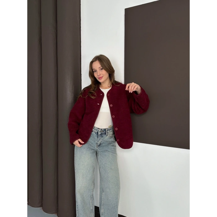Peluş Düğme Detaylı İçi Astarlı Cepli Ceket Bordo