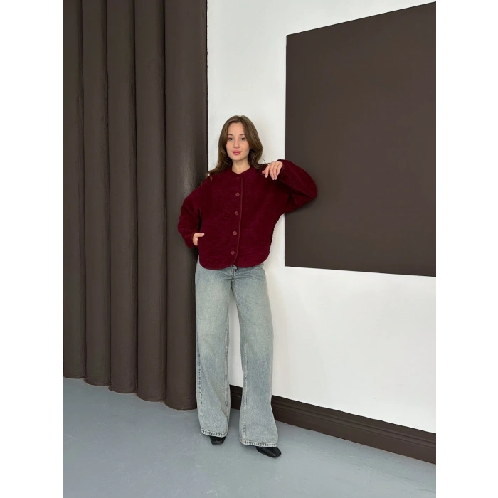 Peluş Düğme Detaylı İçi Astarlı Cepli Ceket Bordo