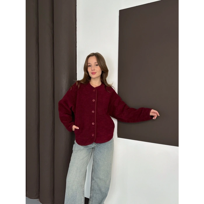 Peluş Düğme Detaylı İçi Astarlı Cepli Ceket Bordo