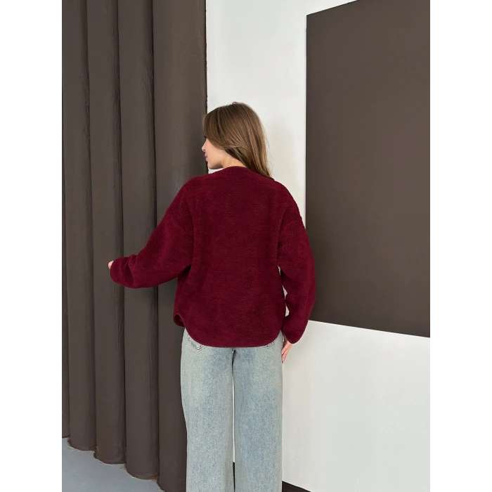 Peluş Düğme Detaylı İçi Astarlı Cepli Ceket Bordo