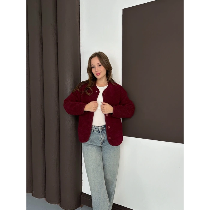 Peluş Düğme Detaylı İçi Astarlı Cepli Ceket Bordo