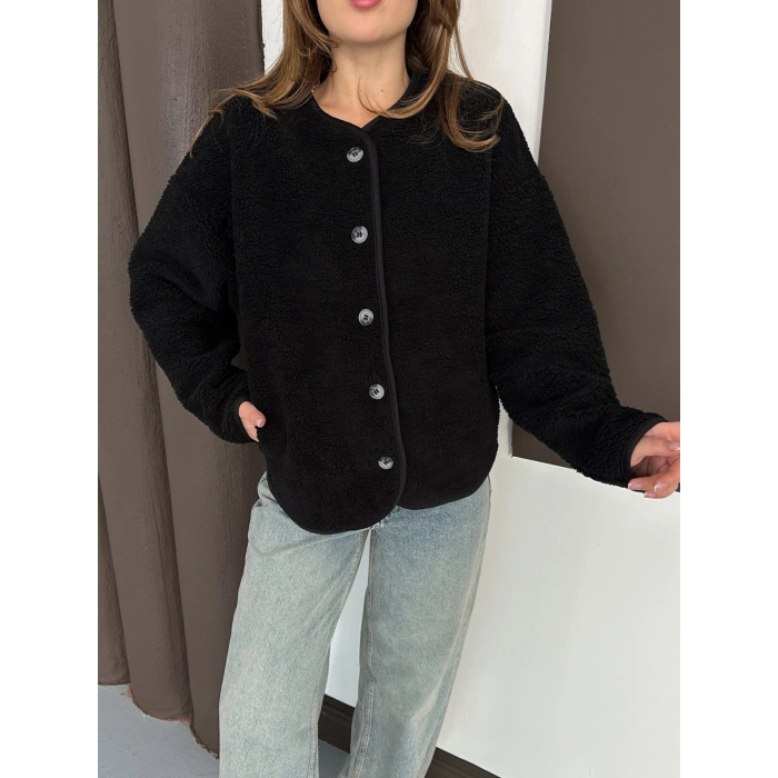 Peluş Düğme Detaylı İçi Astarlı Cepli Ceket Siyah