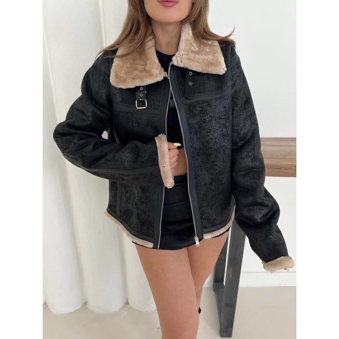 Peluşlu Yaka Kemer Detaylı Ceket Camel