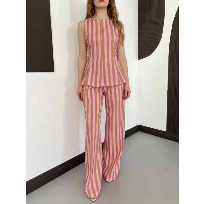 Pembe-Camel Hamon Çizgili Bluz-Pantolon Takım